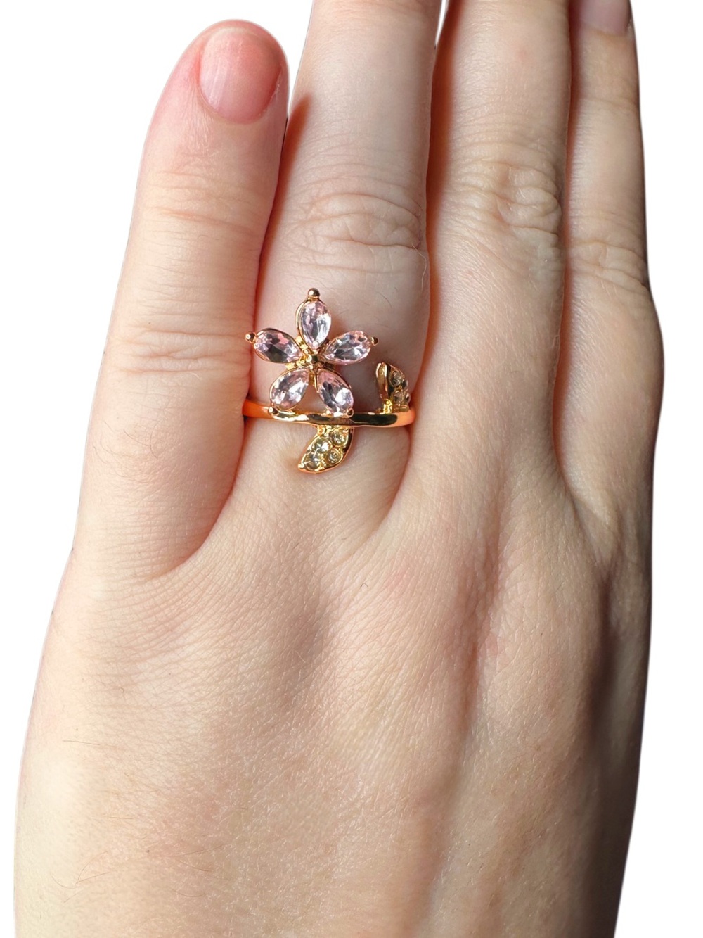 Gold Pink Floral Crystal Ring - Women Jewelry